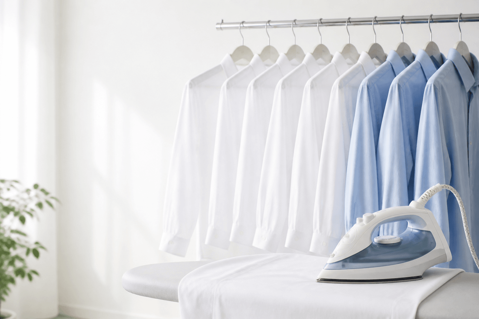 Well-pressed white and sky-blue shirts hanging with a steam iron