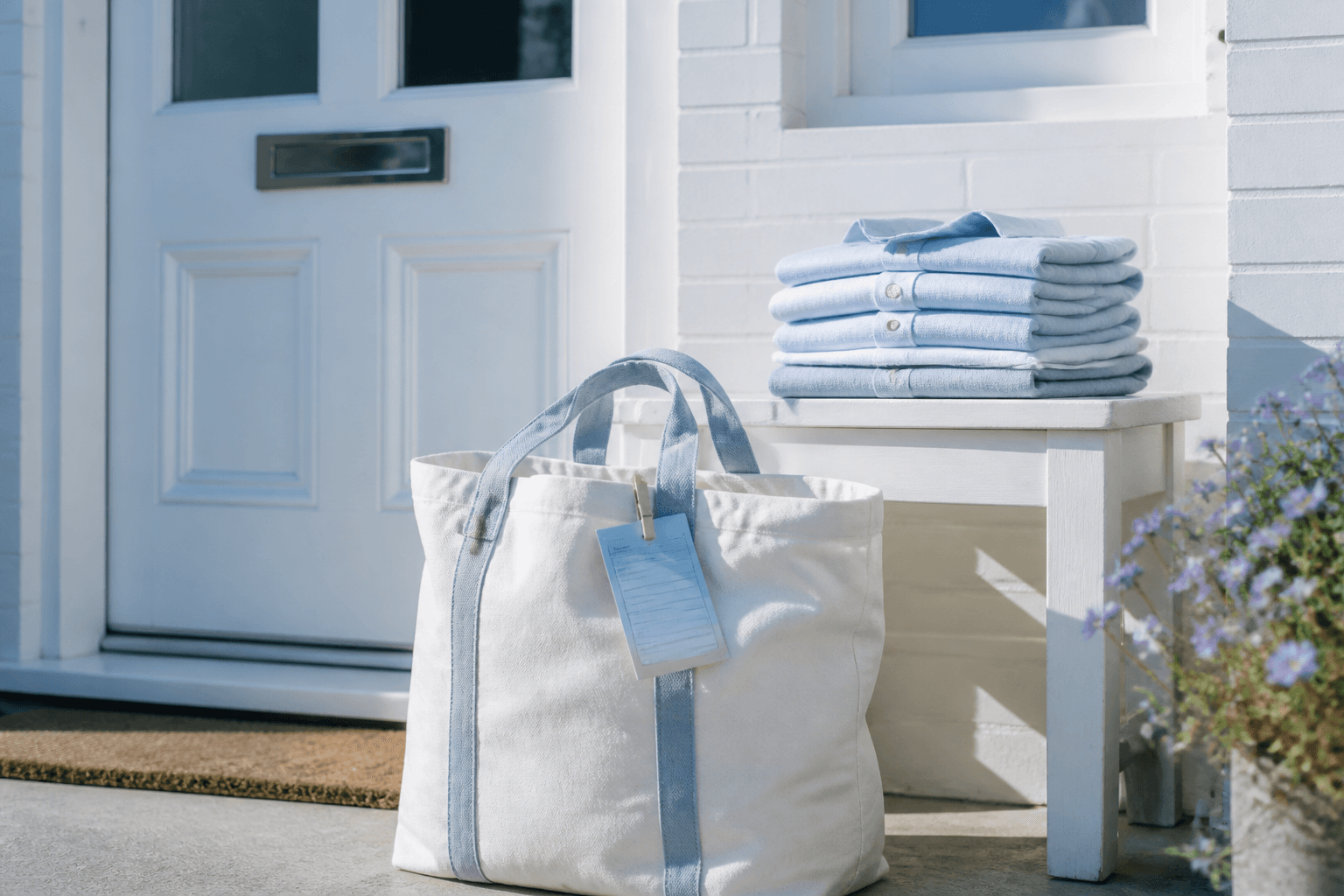 Laundry bag at the door ready for collection beside freshly folded white and blue shirts