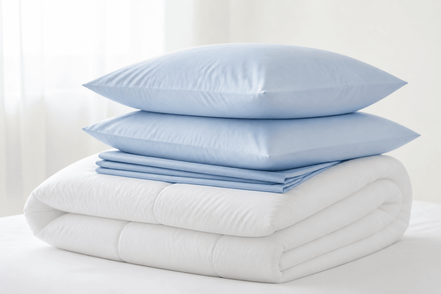 Freshly folded white duvet and sky-blue pillowcases