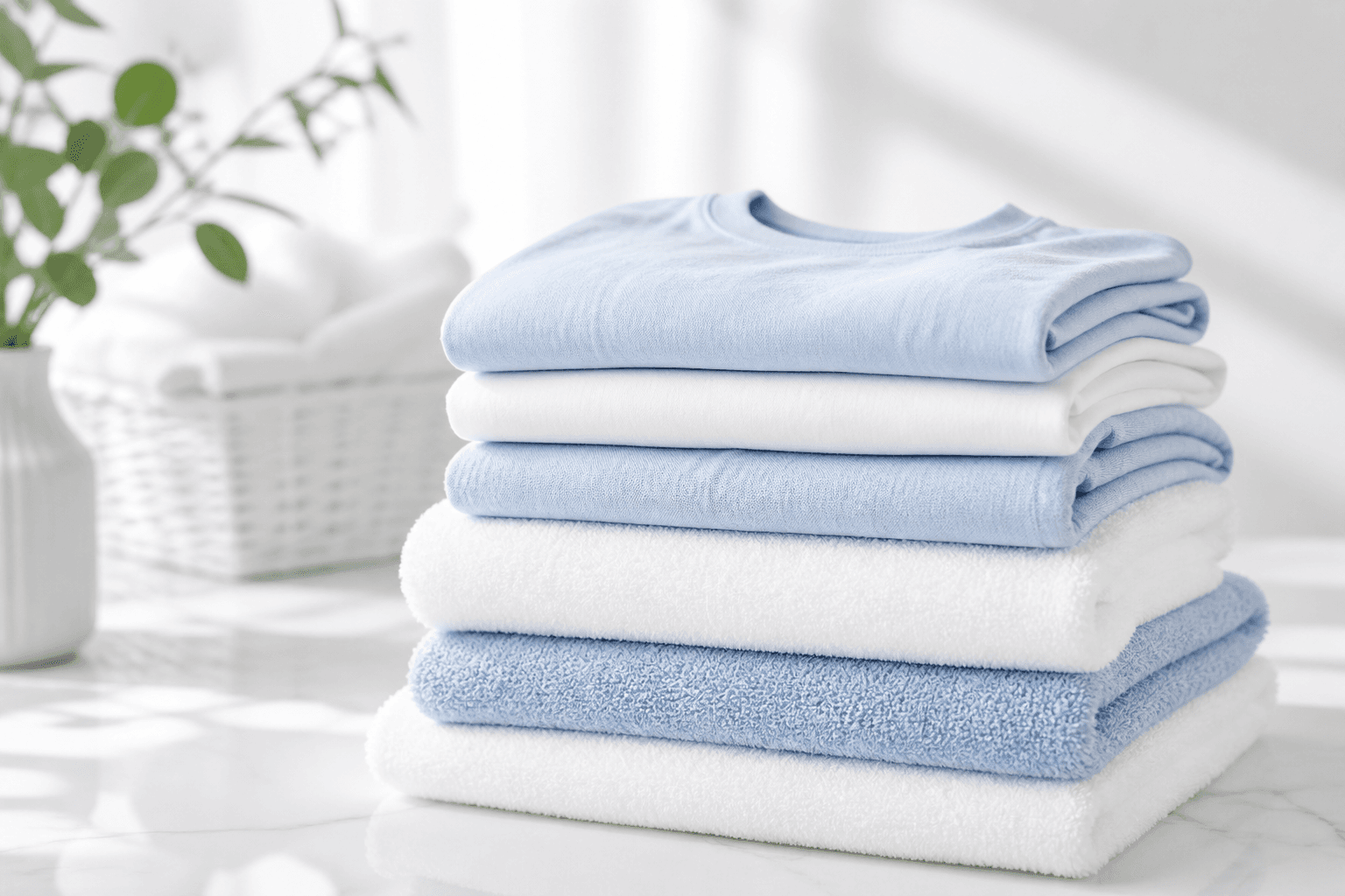 Neatly folded white and sky-blue laundry