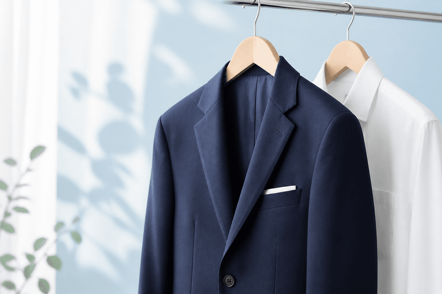 Pressed suit and white shirt ready after dry cleaning