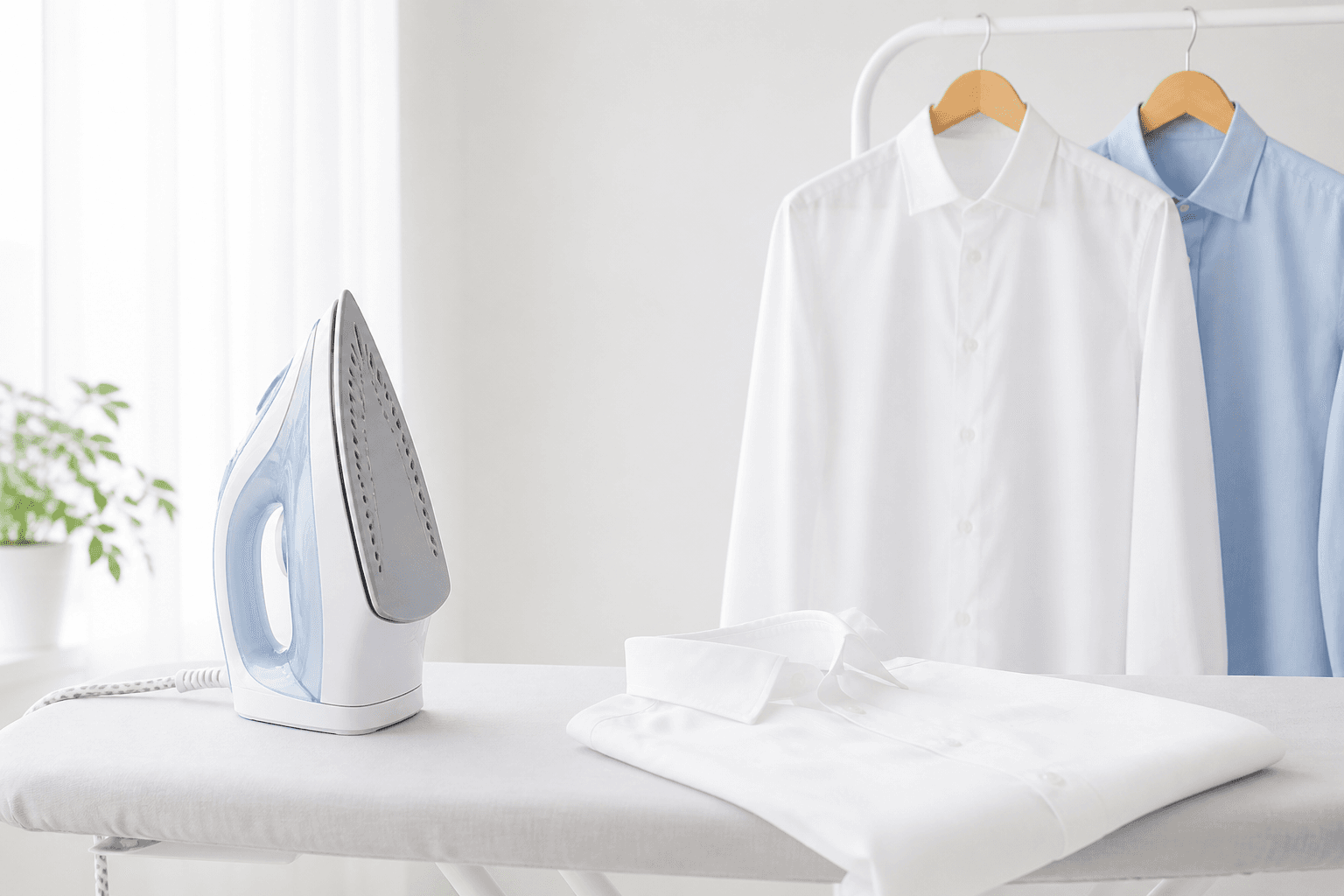 Steam iron with crisp white and sky-blue shirts